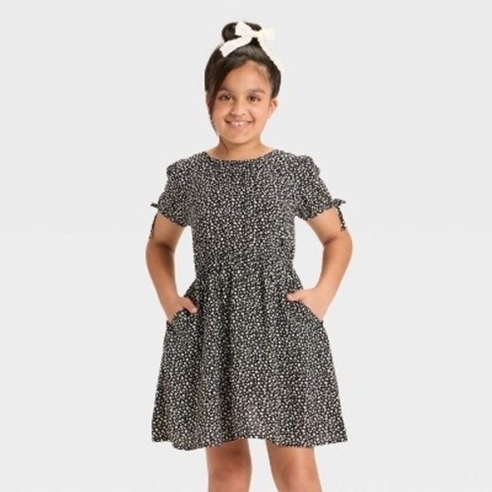 Cat &‎ Jack Black White Leopard Print Puff Sleeve Dress Elastic Waist L 10/12
